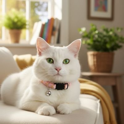 "Chat blanc aux yeux verts portant un collier chat rose avec clochette"