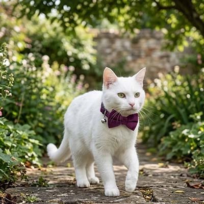 Chat blanc en extérieur portant un collier nœud papillon bordeaux