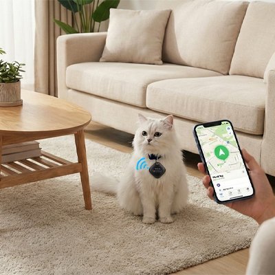 "Chat blanc équipé d'un traceur GPS chat contrôlé via smartphone pour surveillance à domicile"