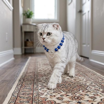 Chat blanc Scottish Fold marchant sur un tapis avec un collier perles bleues pour chat pendentif cœur