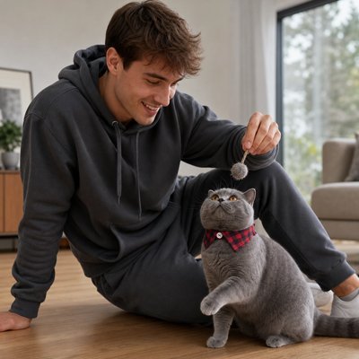 Chat British Shorthair gris avec collier tartan rouge bleu avec son maître