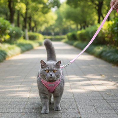 Chat british shorthair gris en harnais rose lors d'une promenade en parc urbain