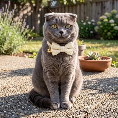 Chat gris portant un collier nœud papillon blanc avec clochette dorée