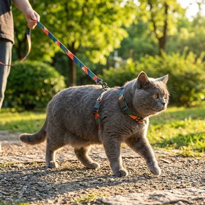Chat gris portant un harnais coloré en promenade dans un parc avec une laisse assortie
