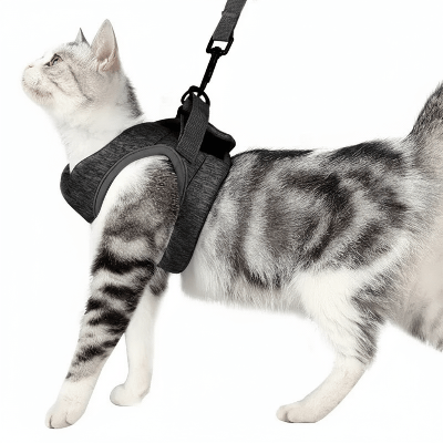 Chat avec harnais gris réglable pour la promenade