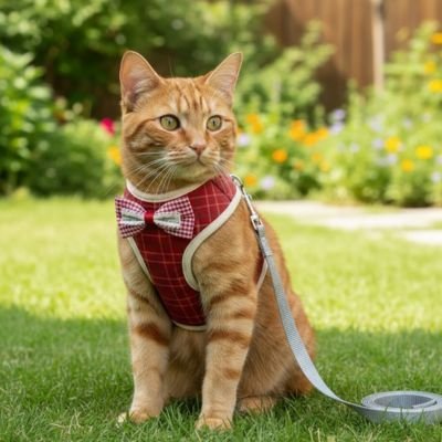 Chat roux avec harnais sécurisé rouge