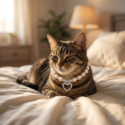 Chat tigré allongé sur un lit portant un collier perles pour chat blanc avec pendentif cœur strass