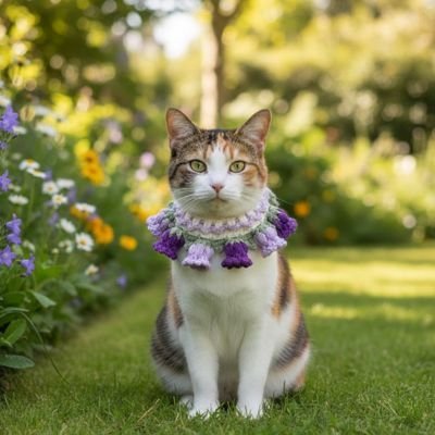 Chat tigré assis sur l'herbe avec un collier crochet violet à pompons dans un jardin fleuri