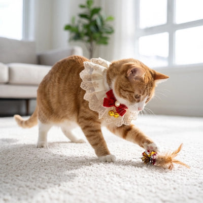 Collier pour chat en dentelle porté par un chat roux qui joue