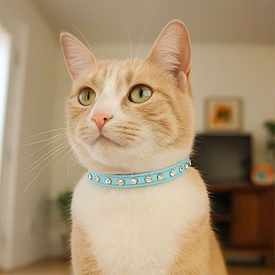 "Chat portant le collier Minou loft sécurisé et confortable"