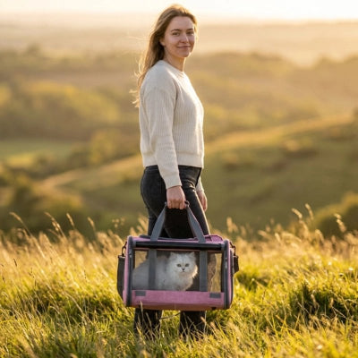 Femme portant un sac de transport pour chat rose au coucher du soleil, chat blanc visible à l'intérieur
