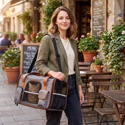 Femme souriante portant un sac de transport pour chat dans une ruelle commerçante