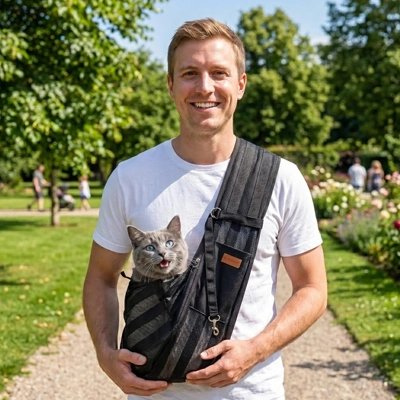 Homme souriant avec un chat gris dans un sac de transport rayé noir en extérieur
