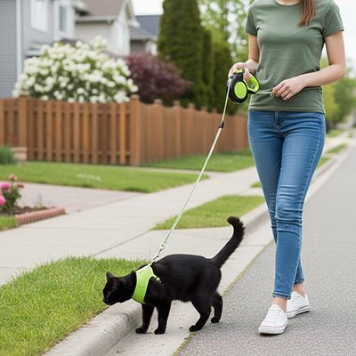Chat noir en promenade avec laisse rétractable verte