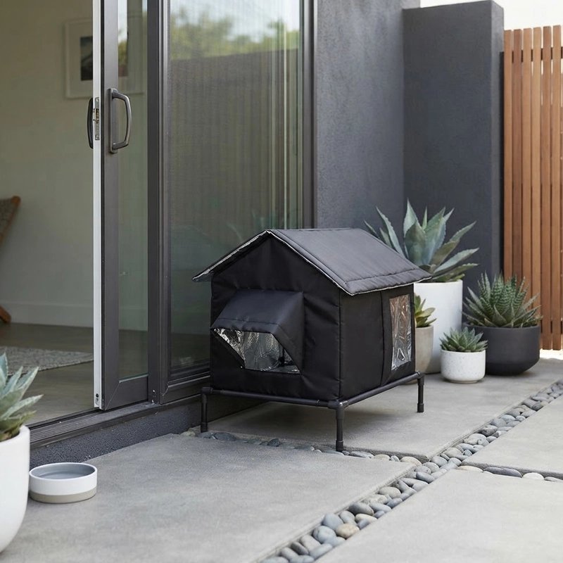 Niche pour chat extérieur noire posée sur pieds surélevés près d'une porte vitrée et de plantes