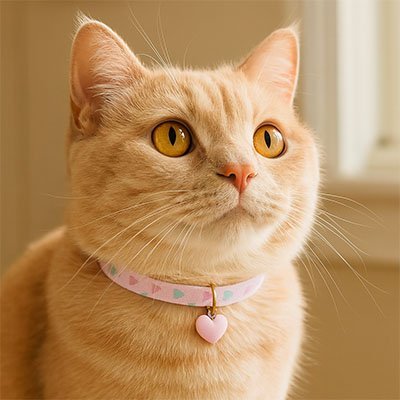 Chat roux portant un collier rose à pois avec pendentif cœur