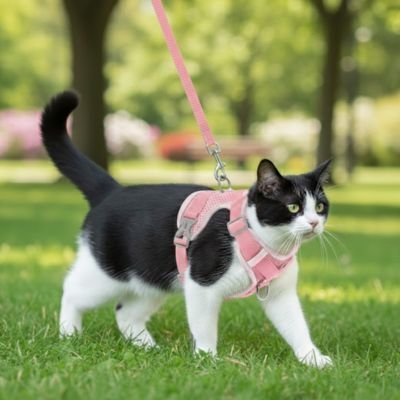 Chat noir et blanc portant un harnais veste rose anti-fugue en promenade dans un parc