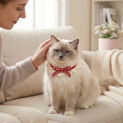 Chat ragdoll blanc avec collier nœud papillon rouge caressé par sa maîtresse — guide comment choisir le collier parfait pour son chat