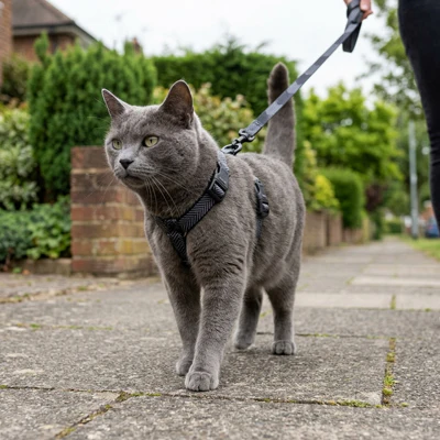 Chat gris en balade avec harnais et laisse — guide harnais pour chat