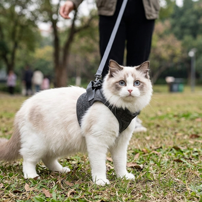 Ragdoll en harnais gris promené en laisse dans un parc