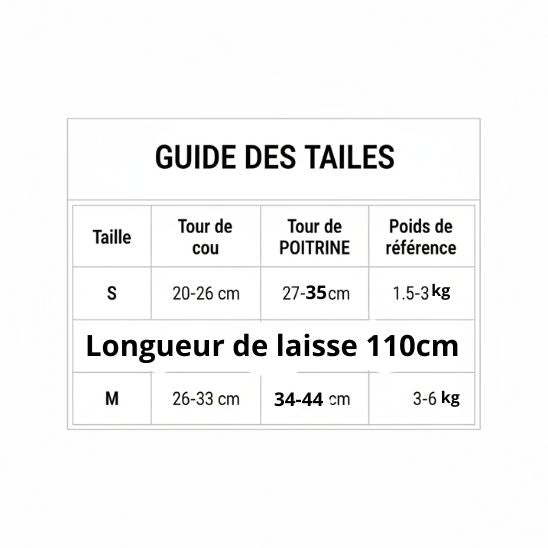 Guide des tailles pour laisse chat avec longueur 110 cm