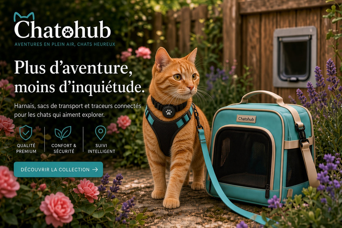 Chat roux portant un harnais turquoise avec traceur connecté, à côté d’un sac de transport dans un jardin fleuri