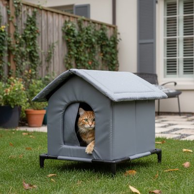  Abri chat extérieur gris surélevé avec isolation