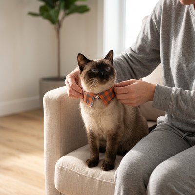 Ajustement du collier nœud papillon orange sur chat persan blanc