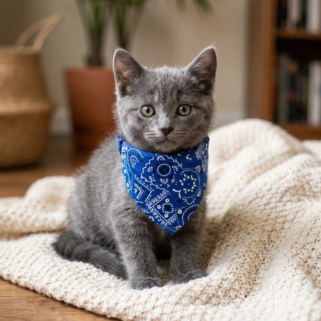 Bandana pour chat bleu à motifs cachemire porté par un chaton gris assis sur un plaid en maille crème