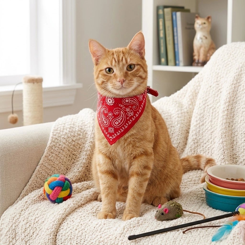 Bandana pour chat rouge à motifs cachemire porté par un chat roux assis sur un plaid crème, entouré de jouets