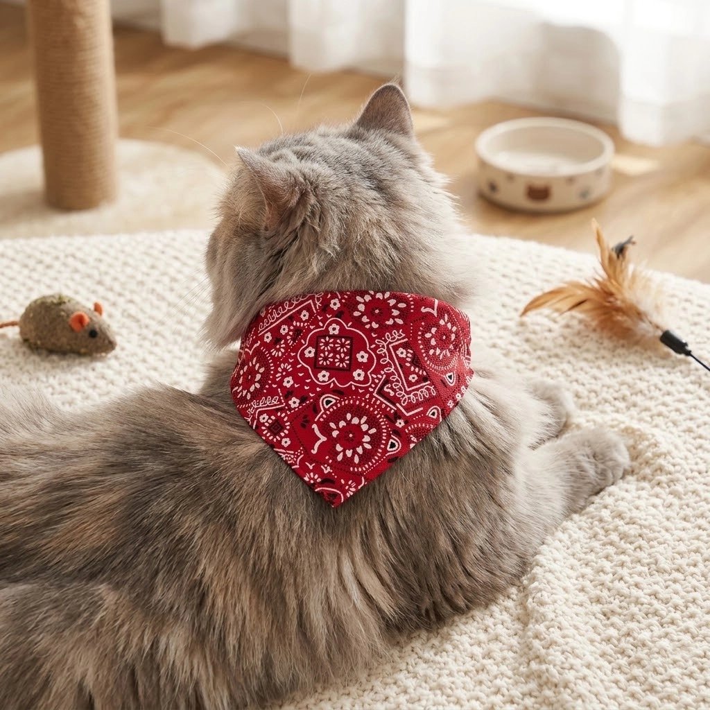 Bandana pour chat rouge à motifs cachemire porté par un chat gris à poil long allongé sur un tapis, entouré de jouets