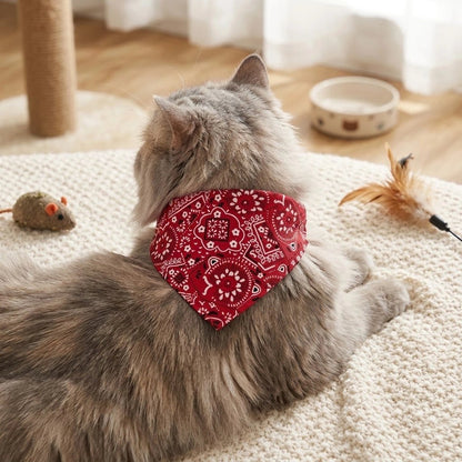 Bandana pour chat rouge à motifs cachemire porté par un chat gris à poil long allongé sur un tapis, entouré de jouets