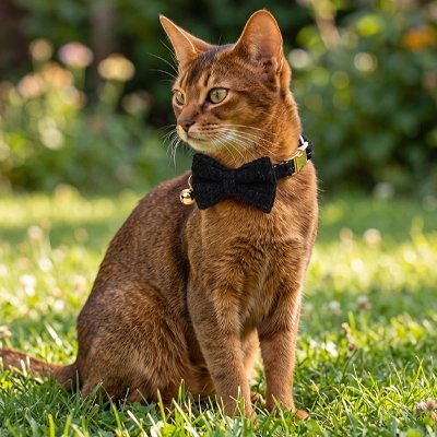 Chat abyssin assis dans l'herbe avec un collier chat nœud papillon noir