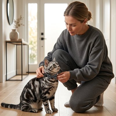 Chat américain tabby argenté avec collier nœud papillon noir à motifs