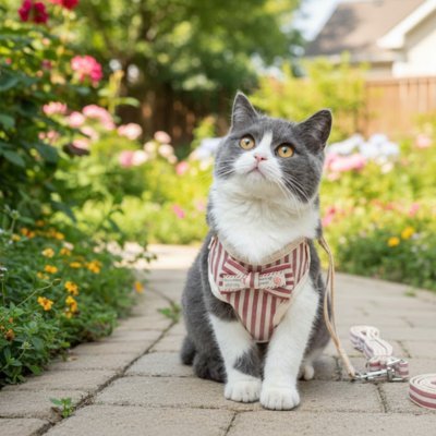 Chat avec harnais rayé dans jardin fleuri
