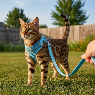 Chat bengal avec harnais bleu respirant et laisse assortie dans un jardin