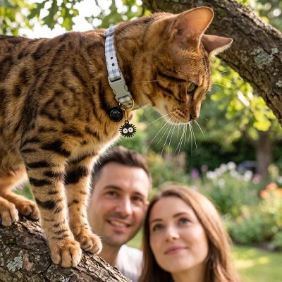 Chat Bengal grimpé sur une branche portant un collier chat à motif vichy, couple en arrière-plan