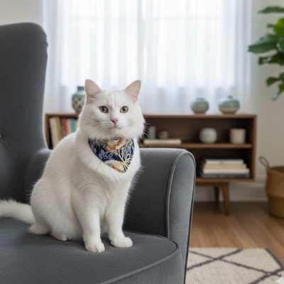 Chat blanc avec bandana chat bleu motifs fleurs sur fauteuil gris