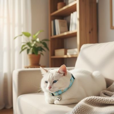 "Chat blanc avec collier chat turquoise à clochette sur canapé beige"