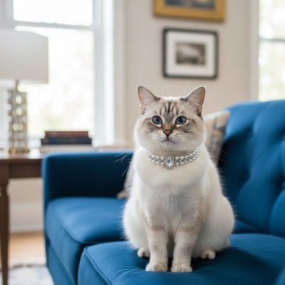 Chat blanc avec collier de perles sur canapé bleu