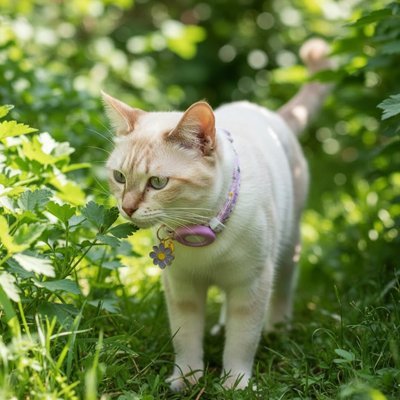 "Chat blanc avec collier GPS rose au jardin"