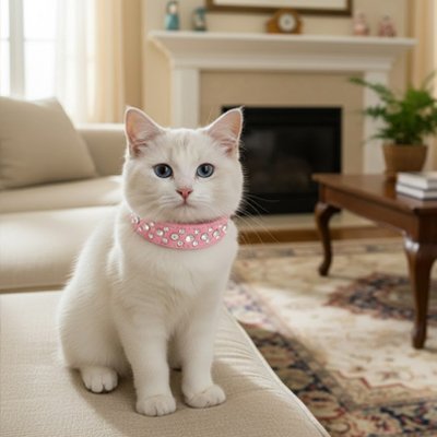 Chat blanc avec collier rose à perles - Collier élégant et sécurisé pour chat d'intérieur