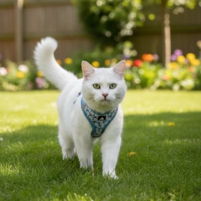  Chat blanc avec harnais chat noir à fleurs marchant dans l'herbe en extérieur