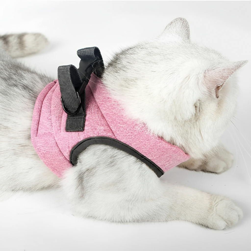 Chat blanc avec harnais rose - format carré