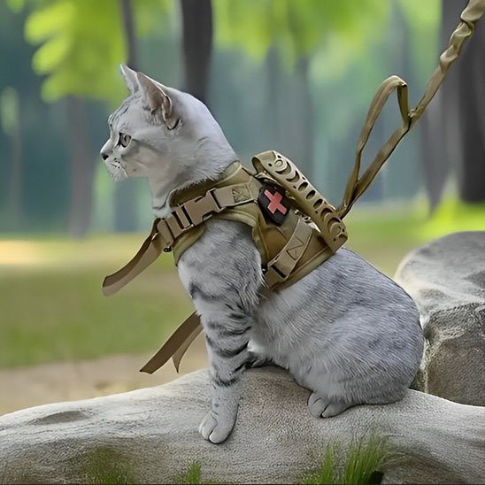 Chat blanc avec harnais tactique beige en extérieur"