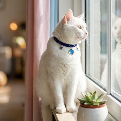 Chat blanc collier bleu étoiles fenêtre intérieur