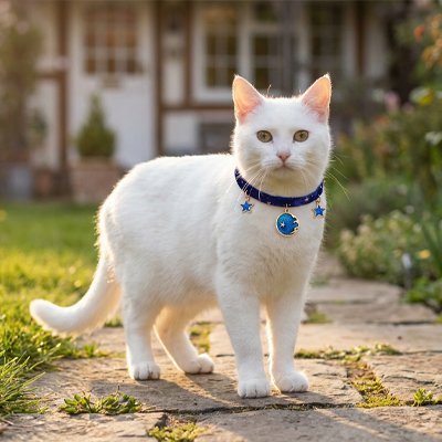 Chat blanc collier bleu étoiles pendentif jardin