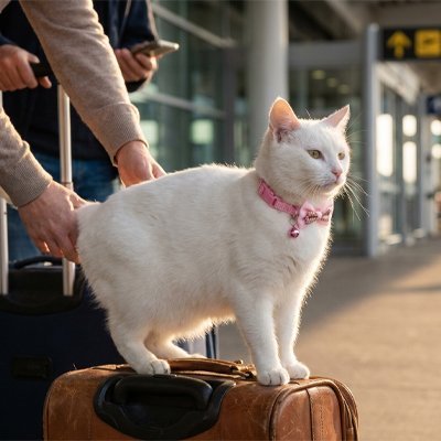  Chat blanc collier nœud rose aéroport valise