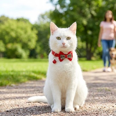  Chat blanc collier nœud rouge tartan parc extérieur