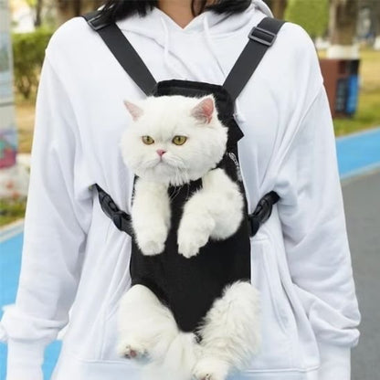 Chat blanc dans un sac de portage ventral noir à bretelles réglables